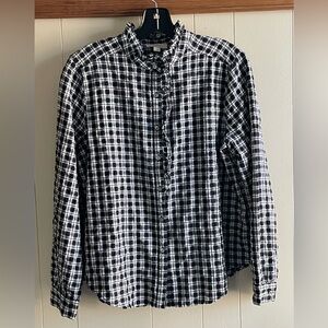 LOFT Outlet Black & White Textured Long Sleeve Button Down Shirt with Ruffle